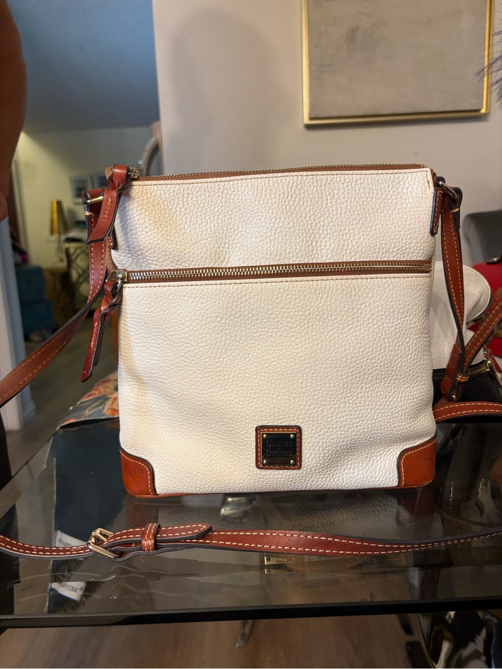 Dooney & Bourke White Pebbled Leather Crossbody with Brown Trim